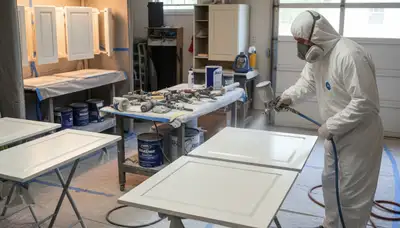 Professional cabinet painting process in Albany, NY showing smooth kitchen refinishing by local painters