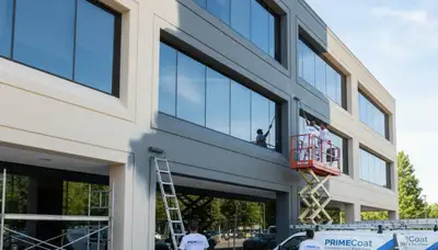 Professional commercial painters in Albany NY applying durable coatings to office exterior walls