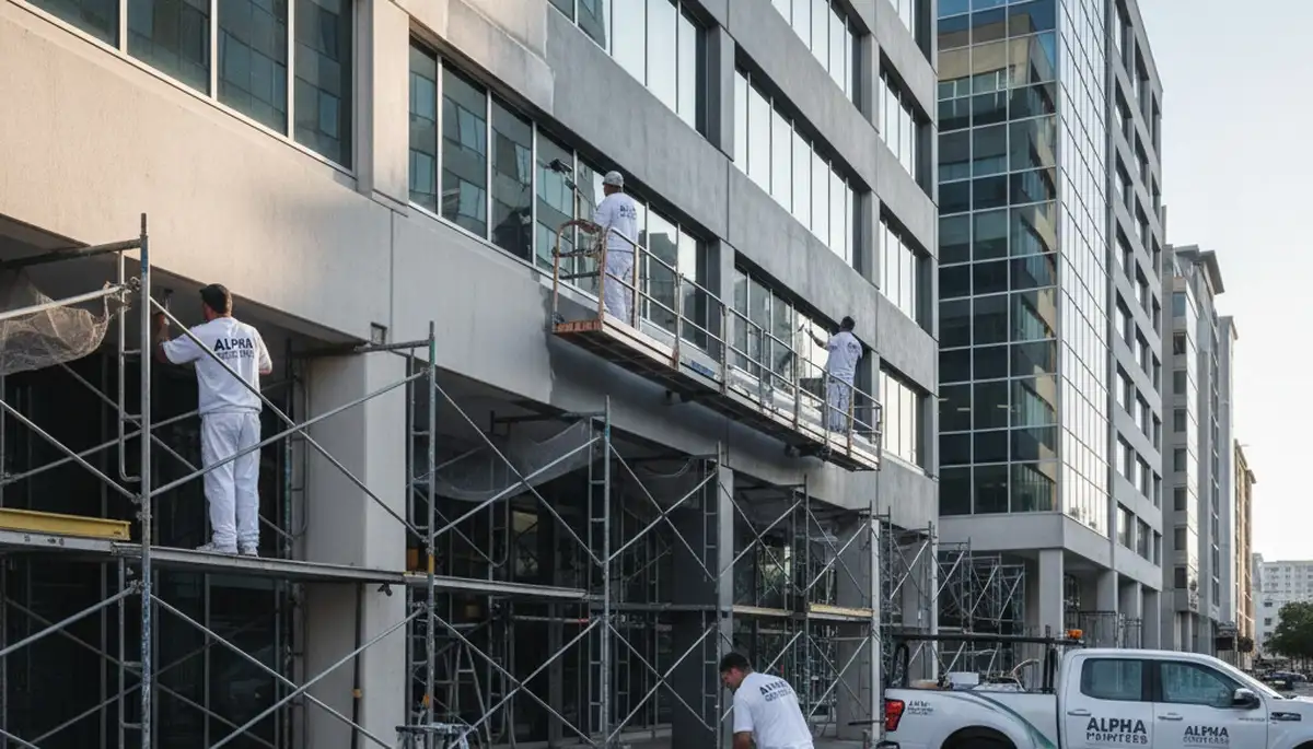 Professional commercial painters working on office exterior in Albany, NY