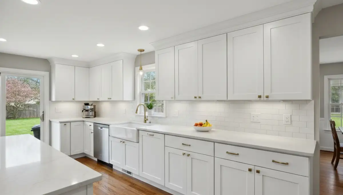 Refinished kitchen cabinets in Albany NY showcasing smooth, durable paint finish by local house painters