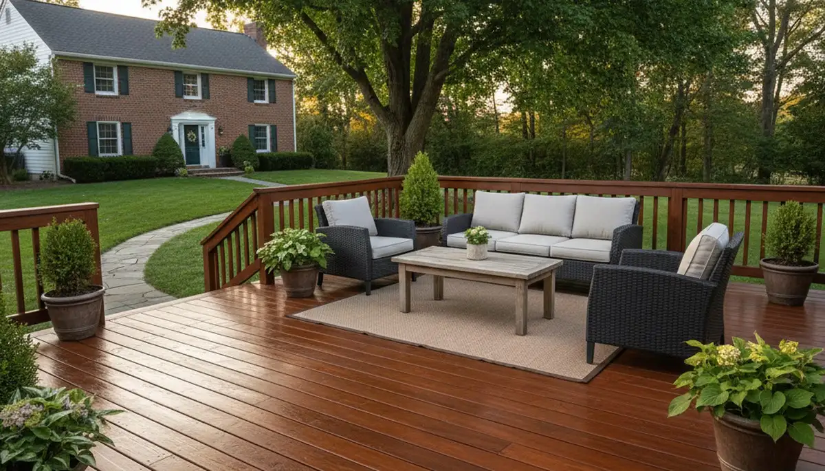 Finished deck staining in Albany, NY showing rich wood tones and weather-protective finish by local painters