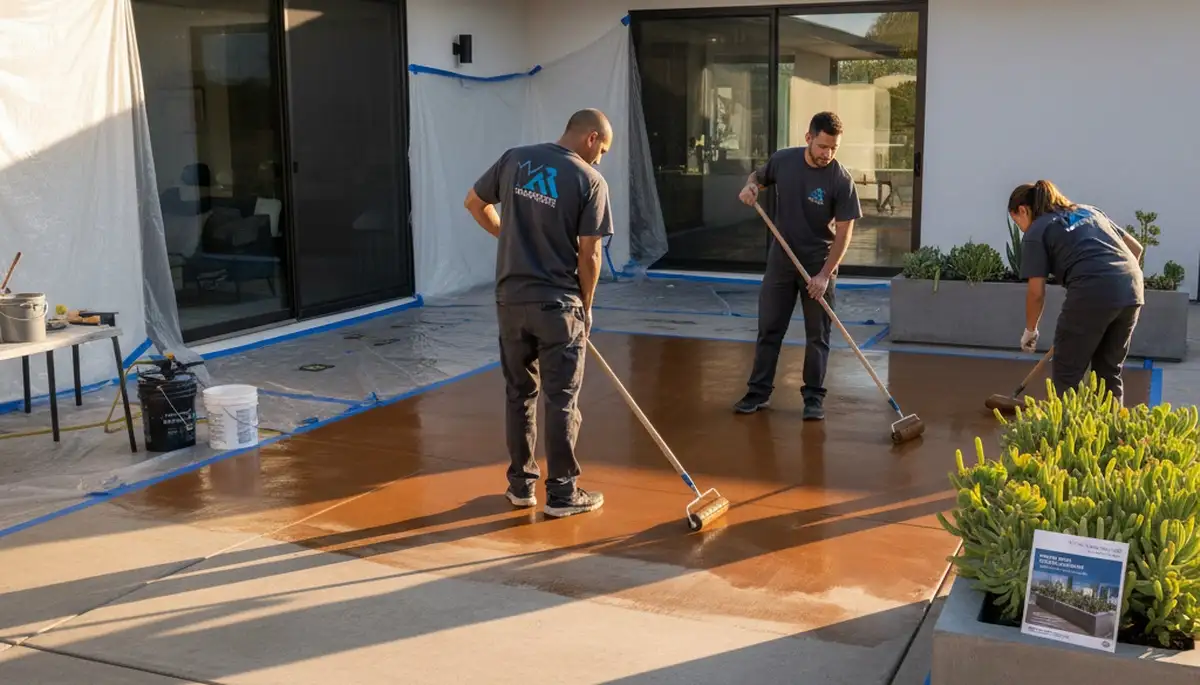 Professional concrete staining on residential patio surface in Albany, NY by expert painting contractors