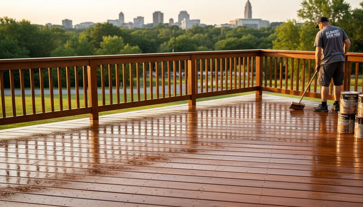 Professional deck staining in Albany NY enhancing wood grain with UV and moisture protection