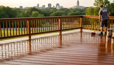 Professional deck staining in Albany NY enhancing wood grain with UV and moisture protection