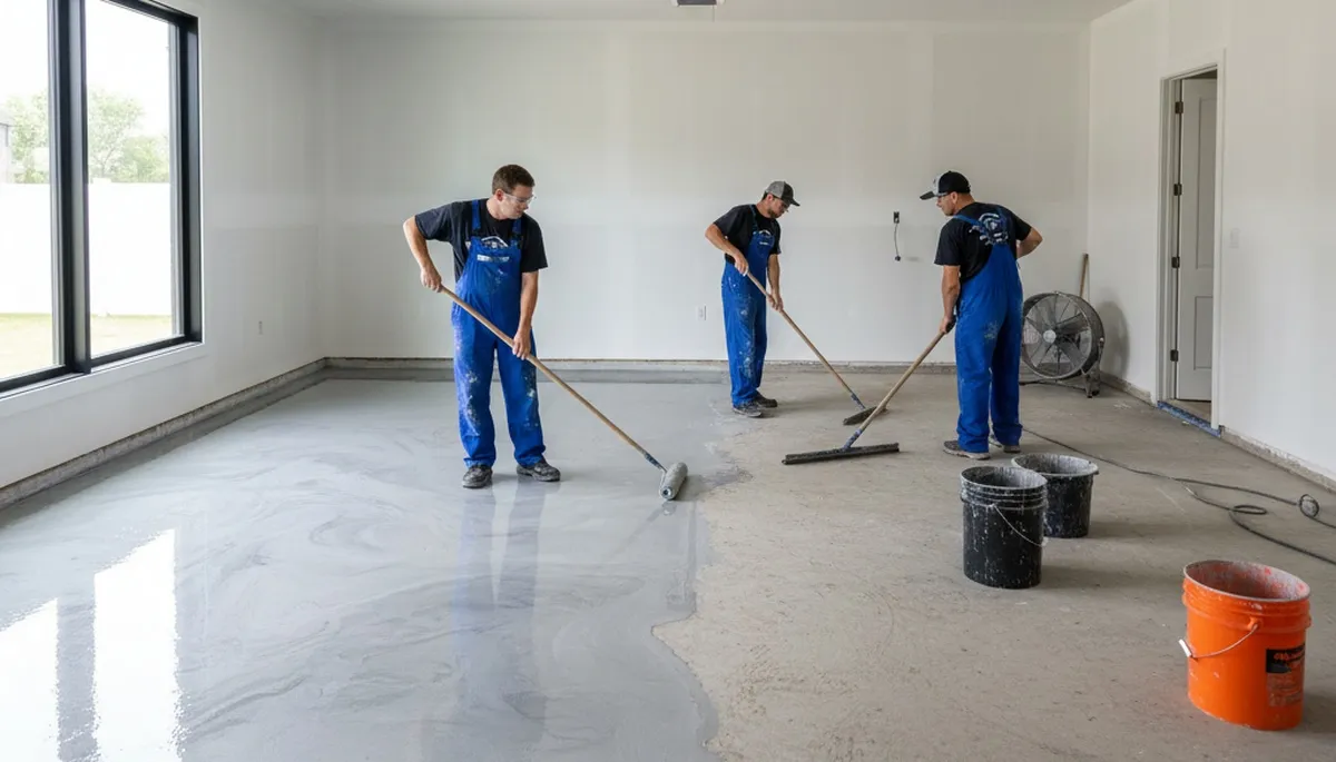 Epoxy floor coating in Albany, NY garage by professional painters creating a durable, glossy finish