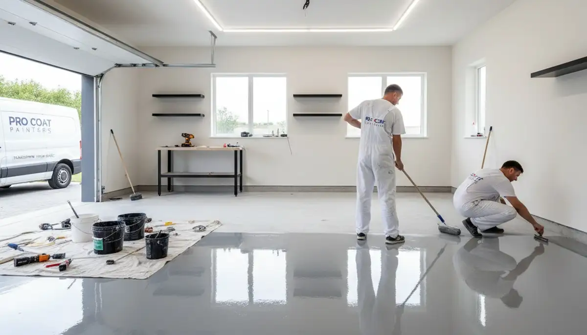 Contractor applying durable epoxy floor coating in Albany, NY garage for long-lasting finish