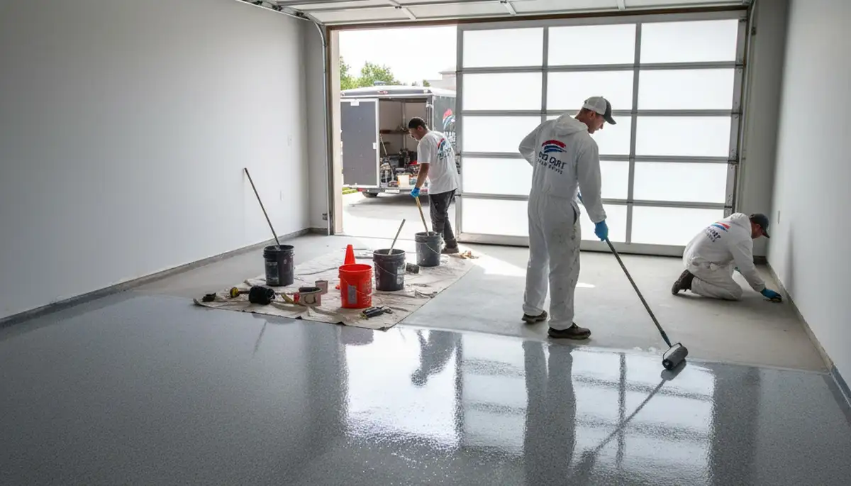 Epoxy garage floor coating in Albany NY applied by professional house painters for durable concrete protection