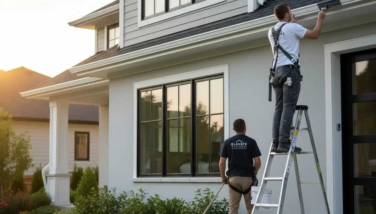 Professional painters refinishing home gutters in Albany, NY for rust protection and enhanced curb appeal