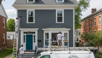 Albany, NY house painting contractor painting a home exterior with professional tools
