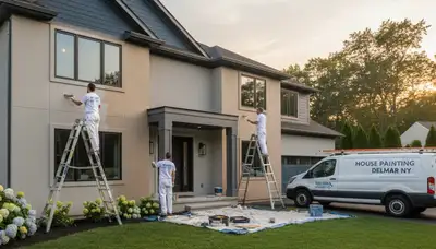 Professional house painters in Albany NY performing exterior home painting and trim detailing