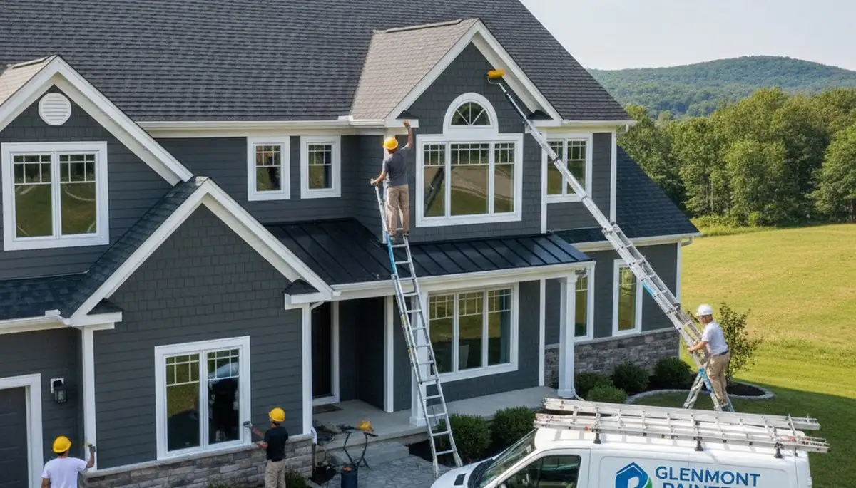 Professional house painters in Albany NY applying exterior paint to a two-story home façade