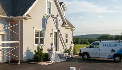 Professional house painters in Albany NY applying exterior paint to a residential home façade