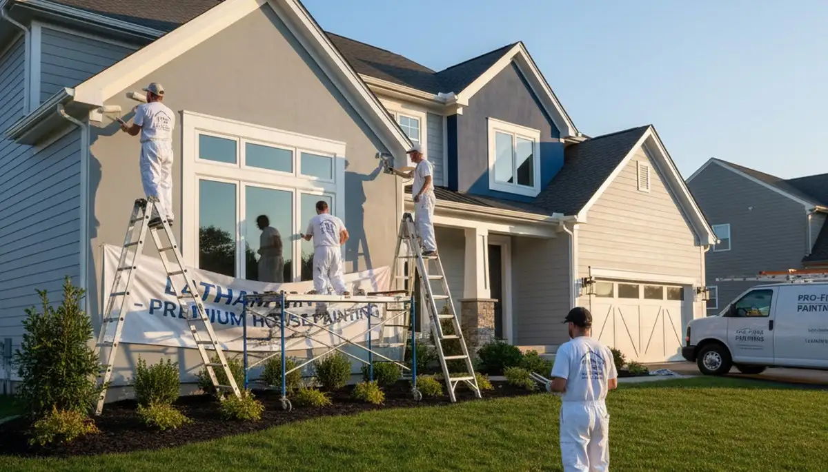 Professional house painters in Albany NY applying exterior paint to a residential home facade