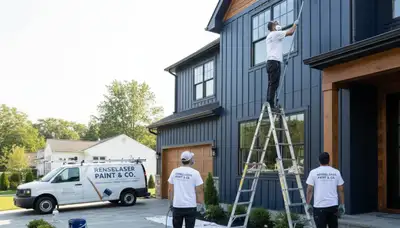 Professional house painters in Albany NY applying exterior paint to a residential home façade