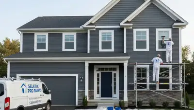 Professional house painters refinishing home exterior in Albany, NY