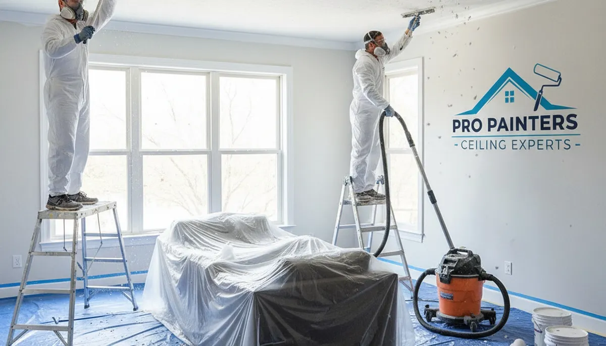 Technician removing popcorn ceiling and refinishing smooth surface in Albany, NY home