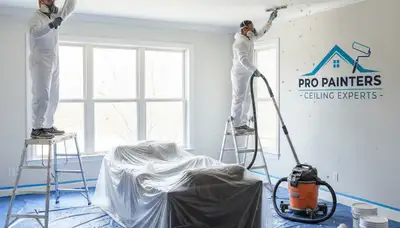 Technician removing popcorn ceiling and refinishing smooth surface in Albany, NY home